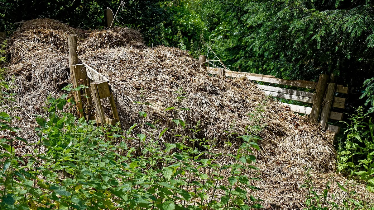 Composthoek: het hart van een ecologische tuin — illustratie bij artikel in categorie tuinideeen op EcoTuinen, de Nederlandse kennisbank voor ecologisch tuinieren.